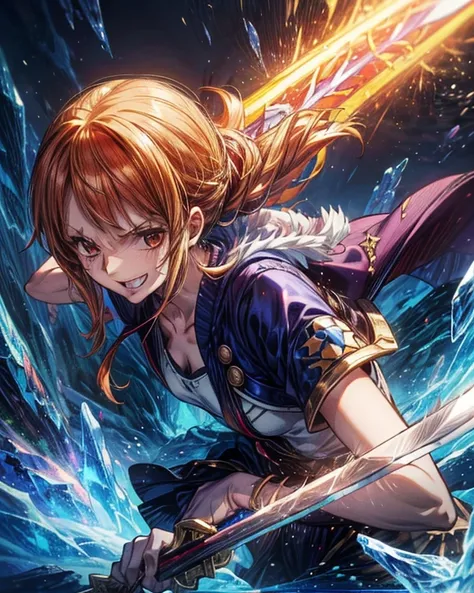 (最高 Masterpiece,  top quality, 4K, 8k,  high resolution, Masterpiece:1.2), Nami in One Piece,smile,( paladin),Miracle,Power Spot, fantastic world, White Light Spot,(Holy Sword), She's on an adventure to defeat the demon king, is a master of sword skills,(C...