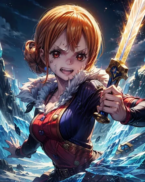 (最高 Masterpiece,  top quality, 4K, 8k,  high resolution, Masterpiece:1.2), Nami in One Piece,smile,( paladin),Miracle,Power Spot, fantastic world, White Light Spot,(Holy Sword), She's on an adventure to defeat the demon king, is a master of sword skills,(C...