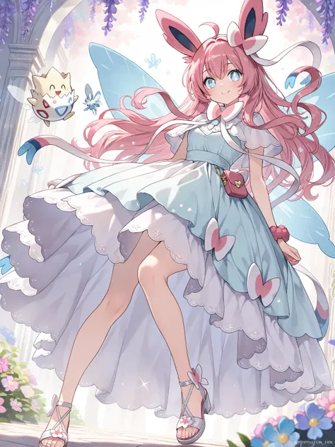 ((masterpiece, best quality, ultra-detailed character)), 1girl, A whimsical, enchanting young female Pokémon trainer with pastel pink and lavender hair that cascades in soft curls, adorned with tiny flowers and sparkles. She wears a delicate, flowing dress...