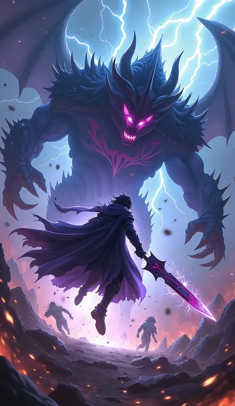 Prompt:
"A breathtaking anime-style battle scene featuring Sung Jin-Woo from Solo Leveling in an intense fight. He is mid-air, surrounded by a dark aura, with his signature black coat flowing dramatically. His glowing purple eyes radiate power, and he wiel...