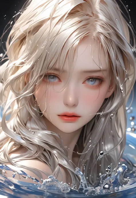 raw photo:1.2, masterpiece, highest quality, 16k, unbelievably absurd, very detailed, perfect beauty, beautiful cute girl, flowing platinum blond, closeup face, look down, wet hair, splash water 