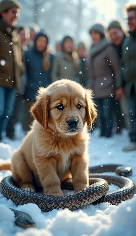 a golden retriever puppy trapped by a snake, na neve, While people laugh a lot around 