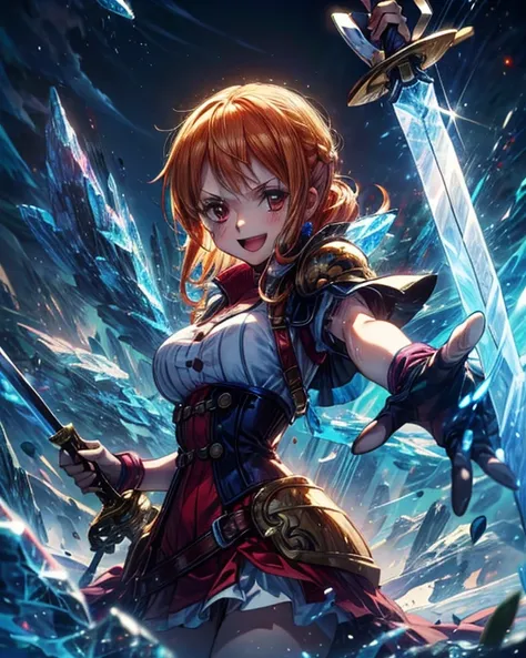 (最高 Masterpiece,  top quality, 4K, 8k,  high resolution, Masterpiece:1.2), Nami in One Piece,smile,( paladin),Armor,Miracle,Power Spot, fantastic world, White Light Spot,(Holy Sword), She's on an adventure to defeat the demon king, is a master of sword ski...