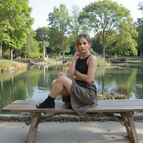 Woman arafed in a skirt posing on a bridge near a pond,  pose casually ,  In a park  de la ciudad, She wears street clothes, co-worker, student, with a park in the background,  In a park ,  in the park,  In a park , park in the background, cover photo,  si...