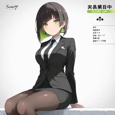 masterpiece, (((( best quality )))),1 girl, Japanese Anime ,character profilele,shiny skin, wearing a black suit,skirt suit, black tie , dark hair, short bob hair,The inner color of the hair is green, green eyes,isosceles triangle earrings, black tights,la...