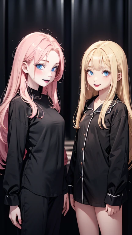 (2 girls)standing: Short goth girl with pale skin and brown eyes,  malicious smile , Black Lipstick, Skewed short black hair,  small breasts, Wearing only a long black shirt, without pants. next to.  Tall blonde busty girl with long hair and blue eyes,  sc...