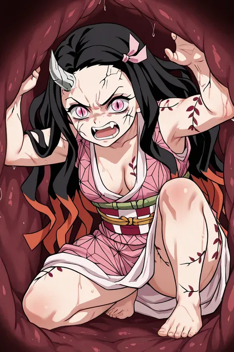 1girl, solo, (nezuko kamado, black hair, forehead, hair ribbon, long hair, multicolored hair, pink eyes, orange hair, slit pupils, wavy hair, two-tone hair,
cleavage, japanese clothes, horns, kimono, sash, obi, demon girl, angry, single horn, veins, pink k...