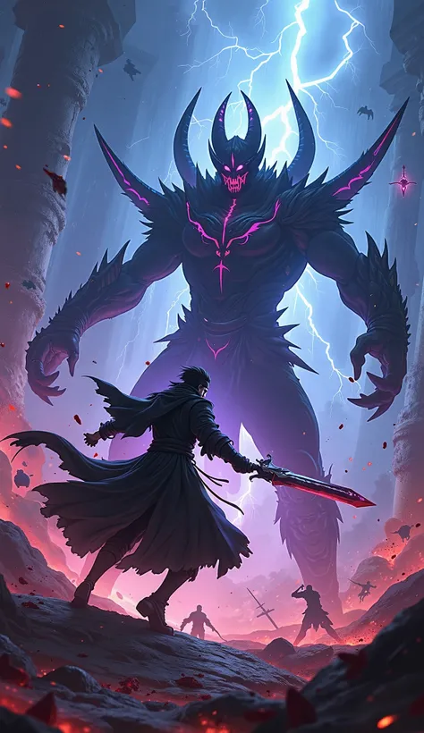 Prompt:
"A breathtaking anime/manga-style battle illustration of Sung Jin-Woo from Solo Leveling, locked in a fierce fight against an S-rank dungeon boss. Jin-Woo is in an aggressive battle stance, one knee bent forward, his black coat billowing due to the...