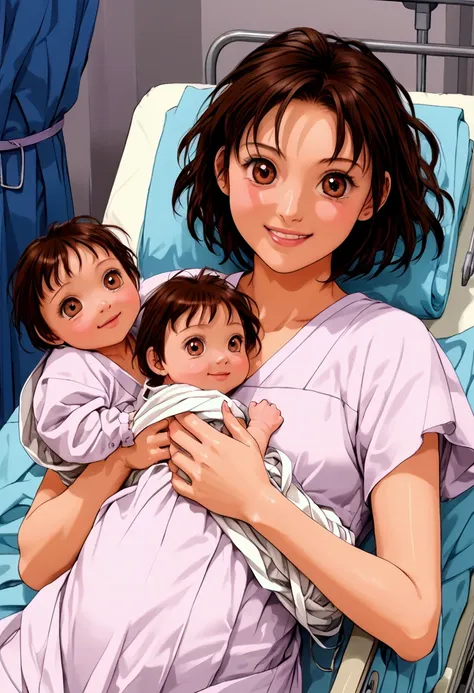 (masterpiece), best quality, expressive eyes, perfect face. Beautiful, ((eighteen years old)) brunette brown hair, ((toshiki Yui Art style:1.2)) ,  happy smile, holding (two small swaddled newborn babies, twins), ((multiple babies:1.2)) in both left and ri...