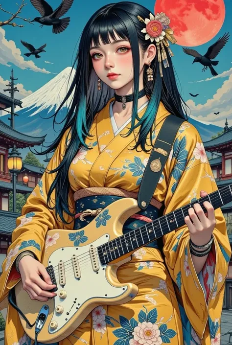  (((    vivid and delicate ink painting    ))), (((      beautiful gold and black kimono    ))),(((Beautiful fingertips)))，(((  anatomically accurate 5ほんの指)))，((( Full body portrait )))，(((  the entire garment fits in the frame   )))，(((  Delicate hands ))...