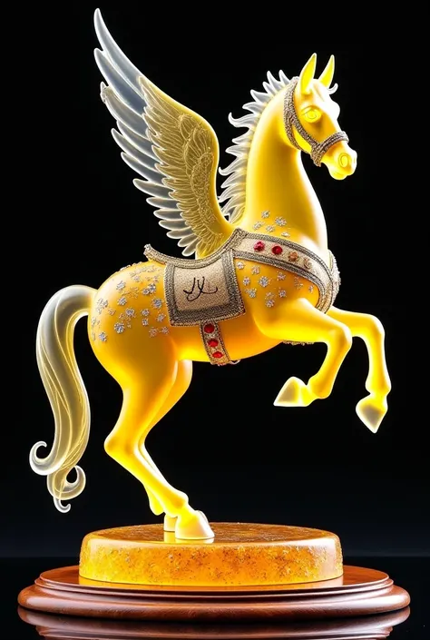 Decorative statuette in the form of a pegasus in battle harness made of yellow transparent glass with gold patterns and monograms inlaid with small diamonds and multi-colored precious stones. It stands on its hind legs on a carved round wooden stand on a d...