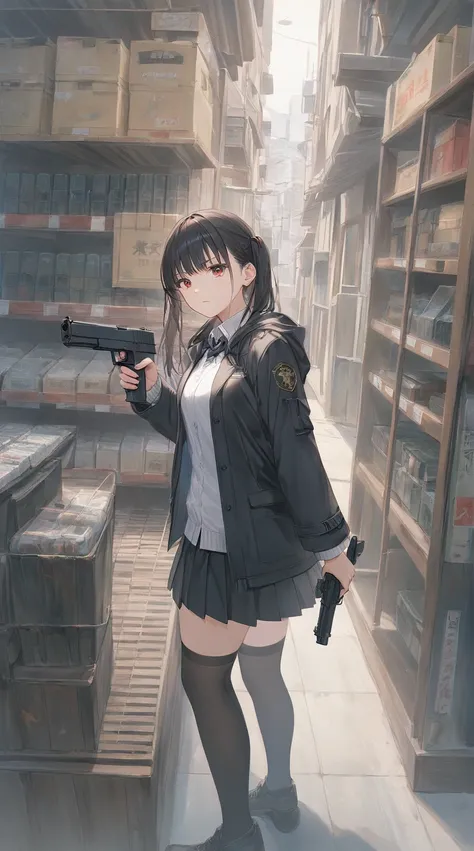  woman holding a gun , pastel,Stay focused, holding a gun with both hands ,Action movie style ,Red Base, Red Eyes, Eyeliner,  black hair, long hair, Side-knit , black coat, white shirt, black skirt with shirt,pistol,Glock,Emphasize, masterpiece dedicated t...