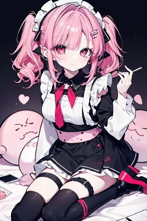  seat,  A very detailed face of a pachinko parlor,   white skin, long eyelashes,   red lips,   pink eye,     Medium Hair   ,    light pink hair  ,    Medium Hair   ,    twin tails,   curly hair  ,   large accentuated breasts, Black long sleeve maid outfit,...