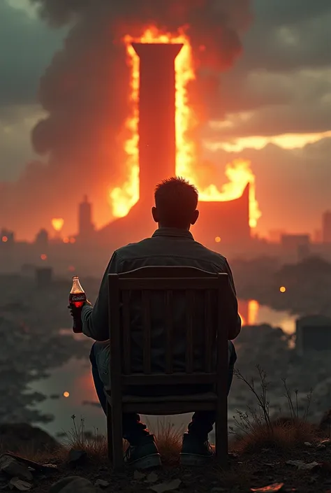 Create a. Picture of me sitting drinking Coca-Cola in a chair looking at a catastrophic Apocalypse scenario, With a very large letter L on the Horizon on fire below the sky.