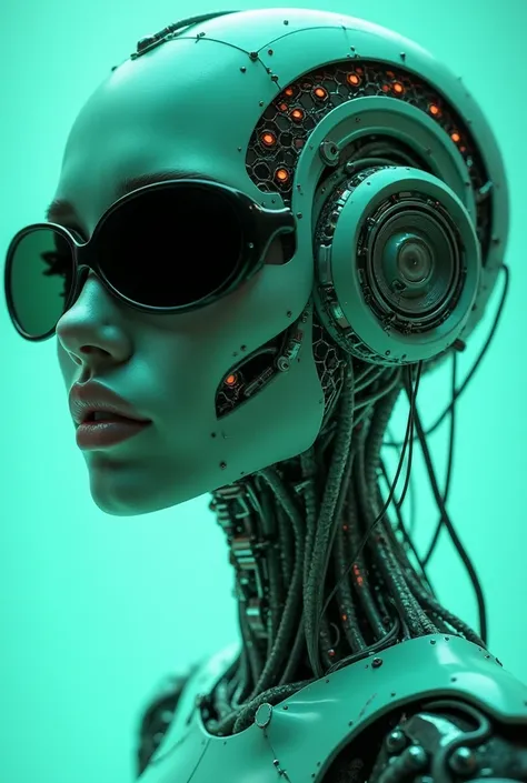  futuristic ,  biomechanical female robot elegant. Highly detailed , organic and mechanical structures manufactured cables,  that are kept in a soft shade of mint green neon light. partly human ,  partly synthetic ,  with a mixture of smooth skin and hexag...