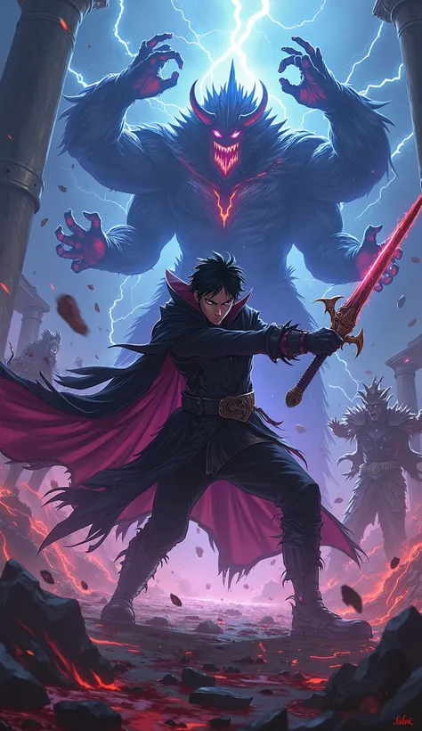 Prompt:
"A breathtaking anime/manga-style battle illustration of Sung Jin-Woo from Solo Leveling, locked in a fierce fight against an S-rank dungeon boss. Jin-Woo is in an aggressive battle stance, one knee bent forward, his black coat billowing due to the...