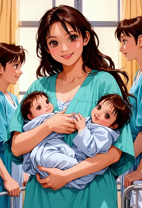 (masterpiece), best quality, expressive eyes, perfect face. Beautiful, ((eighteen years old)) brunette brown hair, ((toshiki Yui Art style:1.2)) ,  happy smile, holding (two small swaddled newborn babies, twins), ((multiple babies:1.2)) in both left and ri...