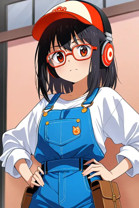 　 neutral　 Japanese　 black hair　 Medium Hair 　Glasses　hat　Gear-shaped barrettes 　confident　 anime style　 cute　Overalls　Roll up your sleeves　Hands on hips　 neck headphones　 waist pouch　A workshop with lots of tools　whole body