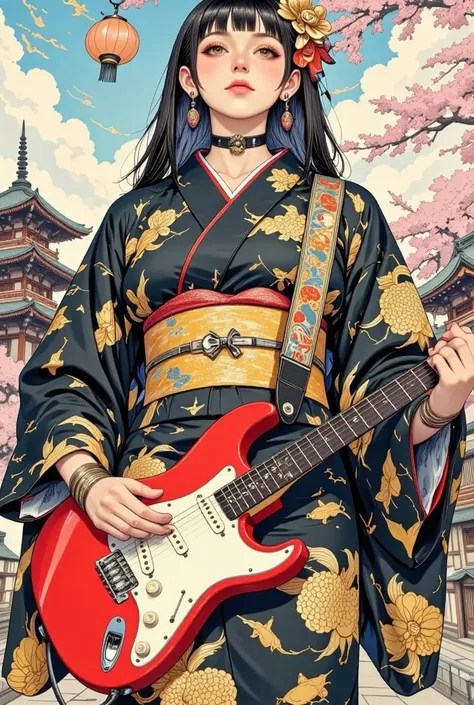  (((    vivid and delicate ink painting    ))), (((  a beautiful kimono with a gold and black bat pattern   ))),(((Beautiful fingertips)))，(((  anatomically accurate 5ほんの指)))，((( Full body portrait )))，(((  the entire garment fits in the frame   )))，(((  D...