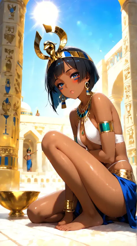 Egypt, Egyptian palace, sun, luz sunar, 1female, \( short hair , Bowl cut,  black hair, brown skin,  small breasts,  black eyeshadow ,  blue eyes,  lips painted black ,  barefoot, Egyptian crown, bracelets , necklaces\), relaxed, Sitting on the edge of a p...