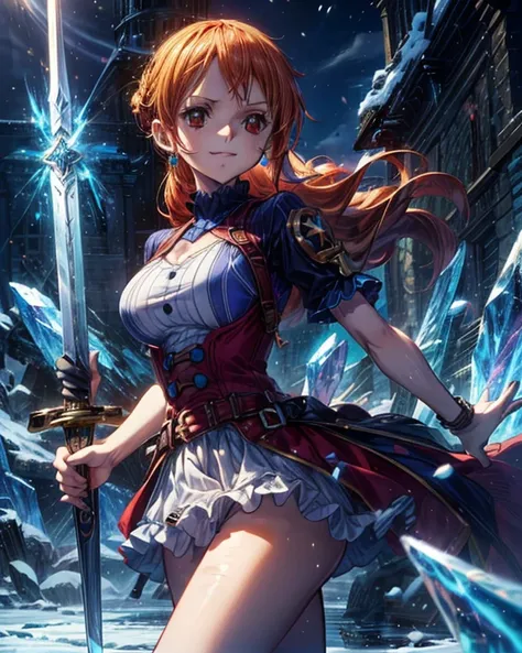 (最高 Masterpiece,  top quality, 4K, 8k,  high resolution, Masterpiece:1.2), Nami in One Piece,smile,( paladin),Miracle,Power Spot, fantastic world, White Light Spot,(Holy Sword), She's on an adventure to defeat the demon king, is a master of sword skills,(C...