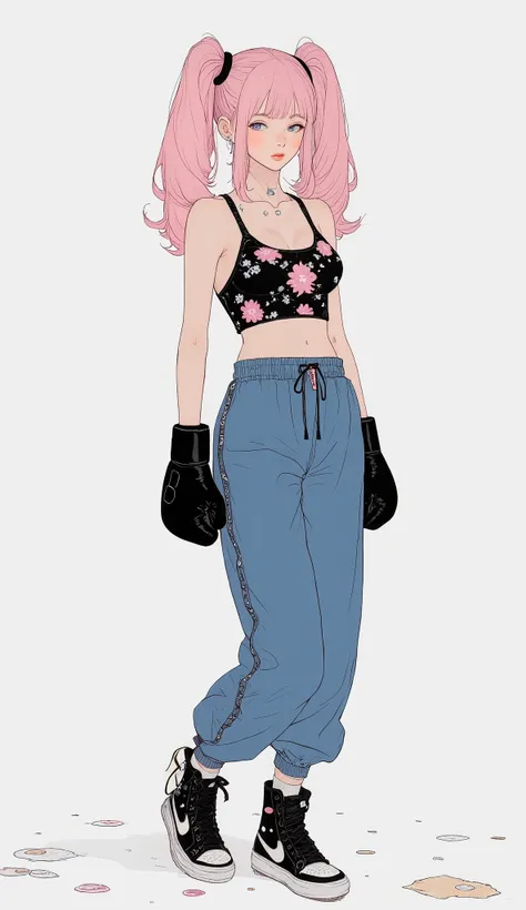  live action、Genuine、 Japanese girl with light pink hair、 Volume Twin Tails 、Blue Mesh、Pale pink lips、Black floral bikini、 moderate bust、Floral blue sweatpants 、 Boxing Gloves 、Nike high top sneakers、White background