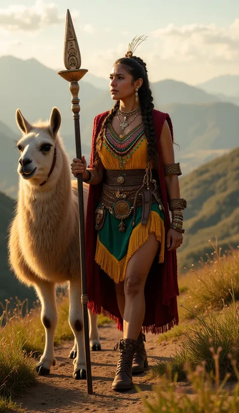 
A 20-year-old beautiful, sexy, big boobs, native Bolivian woman as a mage warrior in the 13th century, standing with a powerful yet serene presence. Her hair is styled in a traditional Bolivian fashion, flowing with intricate braids and adorned with vibra...