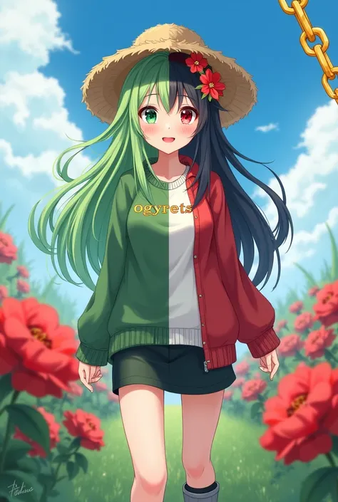 A cute cheerful and beautiful girl divided into two halves .  The first half has long green hair ,  Green eye ,  farmer hay hat , green sweater ,  dark green shorts and green sneakers .  on the second half has medium-length black hair ,  Red eye , Red flow...