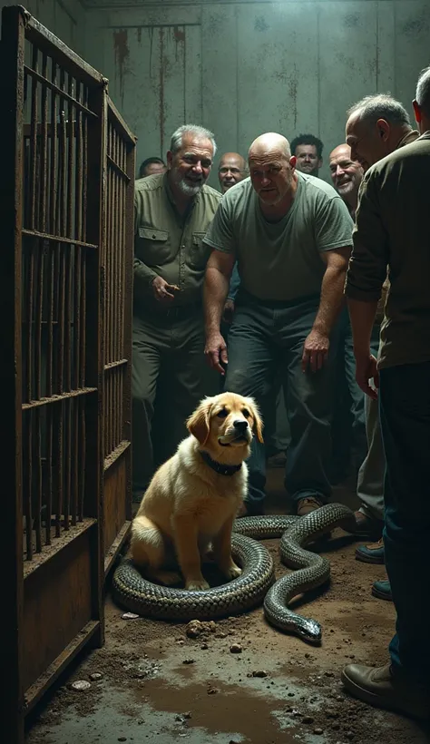 people laughing and making fun of a golden retriever puppy that is trapped in a very dirty cage with a large malevolent snake that is about to kill it 