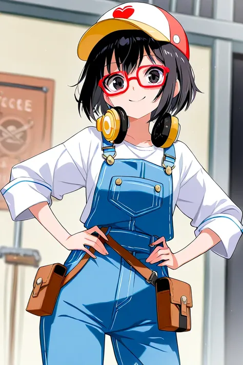 　 neutral　 Japanese　 black hair　 short hair　Glasses　hat　Gear-shaped barrettes 　A confident smile　 anime style　 cute　Overalls　Roll up your sleeves　Hands on hips　 headphones around the neck　 waist pouch　A workshop with lots of tools　whole body