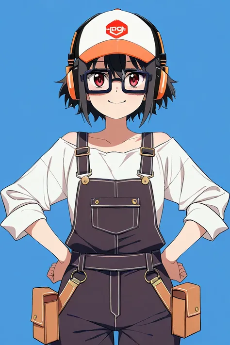 　 neutral　 Japanese　 black hair　 short hair　Glasses　hat　gear barrette　A confident smile　 anime style　 cute　Overalls　Roll up your sleeves　Hands on hips　 neck headphones　 waist pouch　A workshop with lots of tools　whole body