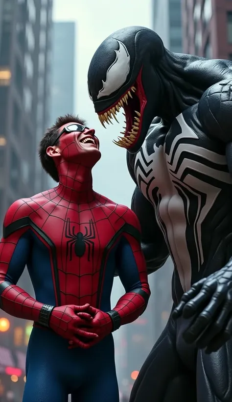 Spider-Man pointing and laughing, clutching his stomach while Venom glares. Realistic, cinematic style