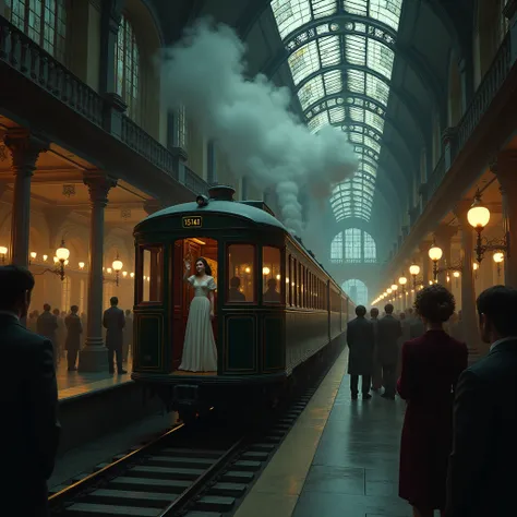 A beautiful woman standing on the deck of the observation car attached to the end of the train, crying and waving, an old-fashioned wooden passenger-car style train, a large, old terminal station, a Rococo-style station, people bidding farewell, the inside...