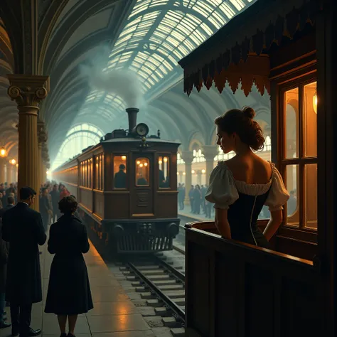 A beautiful woman standing on the deck of the observation car attached to the end of the train, crying and waving, an old-fashioned wooden passenger-car style train, a large, old terminal station, a Rococo-style station, people bidding farewell, the inside...