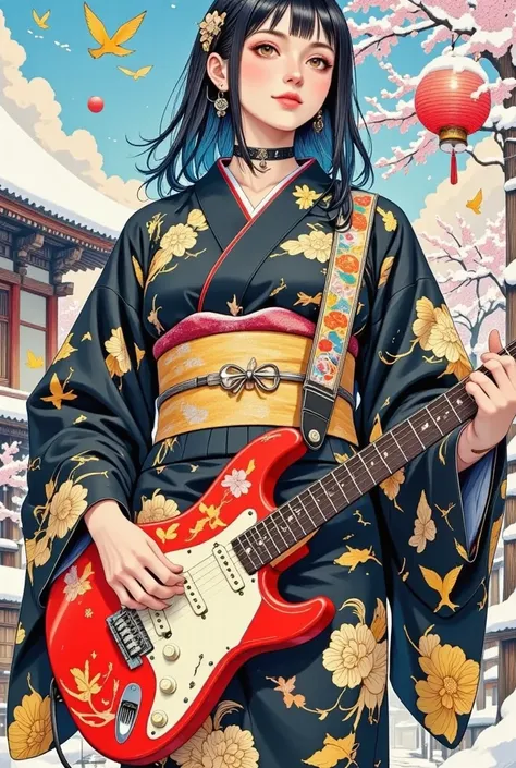  (((    vivid and delicate ink painting    ))), (((  A beautiful kimono with a gold and black bat pattern   ))),(((Beautiful fingertips)))，(((  anatomically accurate 5ほんの指)))，((( Full body portrait )))，(((  the entire garment fits in the frame   )))，(((  D...