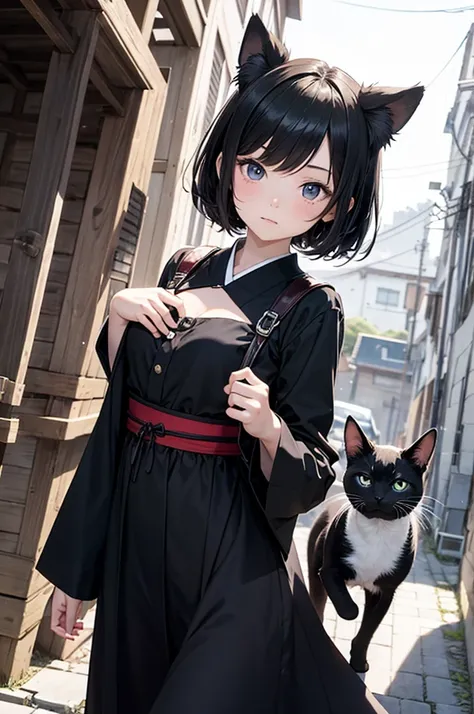 masterpiece, best quality, high resolution, dynamic angles, various angles, Japanese manga style, Japanese anime style, Western medieval fantasy style, A six-year-old girl with a strange atmosphere 。Wearing a dress、 is a shortcut。 is holding a black and wh...