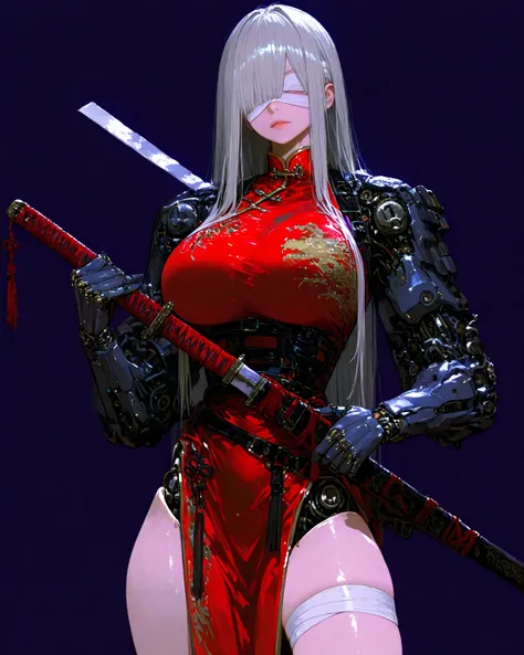          8k wallpaper、  Masterpiece、最   high quality    、   high quality      、   high detail、、             very aesthetic ,              absurd,    latest,                female 1 person、  gray hair  、   long hair、  sexy red china dress、
bandage、（目にbandag...