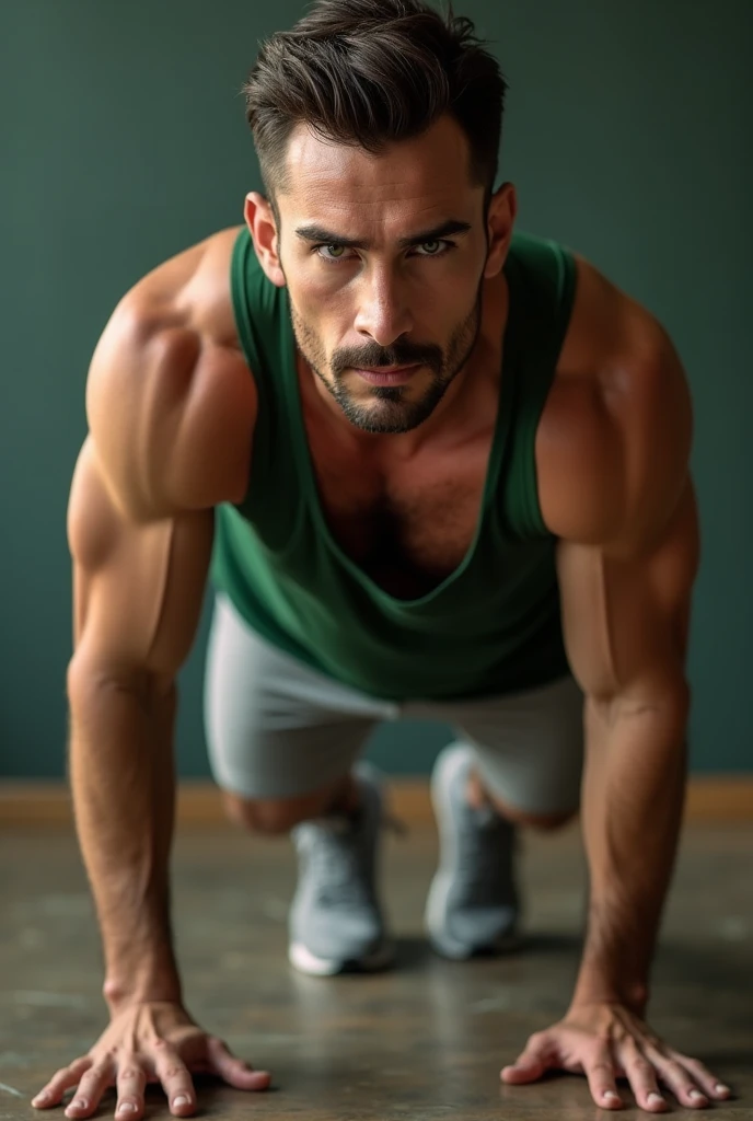 Sexy man,  defined body, mature and striking appearance ,  well-groomed short hair ,  with volume at the top , possibly brushed , well-groomed beard,  intense green eyes and expressive ,  serious and confident physiognomy ,  conveys determination and myste...