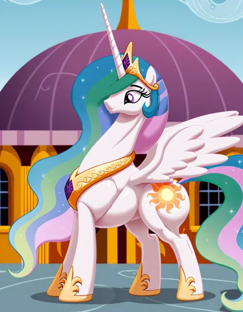   pony princess Celestia woman  , gigantic big wings  , (  extrim gigantic pony body the biggest pony in the world) (  gigantic watchtower spurts on muscle pony body  )