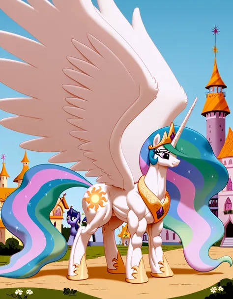   pony princess Celestia woman  , gigantic big wings  , (  extrim gigantic pony body the biggest pony in the world) (  gigantic watchtower spurts on muscle pony body  )