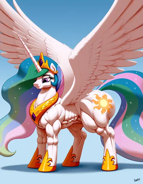   pony princess Celestia woman  , gigantic big wings  , (  extrim gigantic pony body the biggest pony in the world) (  gigantic watchtower spurts on muscle pony body  )