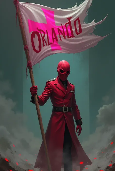 A squid game soldier holding a flag with Orlando written on it_77 et une croix rose 