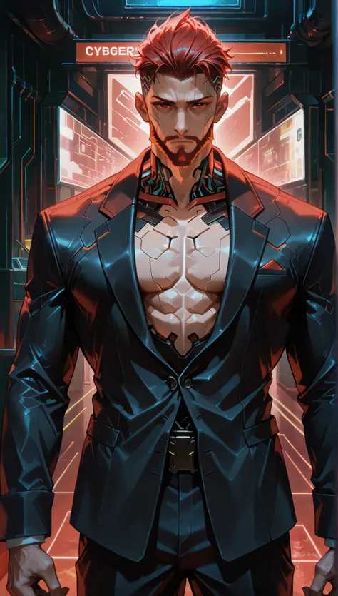 very aesthetic, 걸작, 고해상도, 8k 해상도, 매우 상세한, best_quality, finely_detailed_eyes_and_detailed_face, 1 남성, (cyberpunk, cyberware, cybernetic lines, edgerunners), red_hair, red_mustache, red_beard, red_eyebrows, slicked_back, black suit, long_sleeves, looking at...