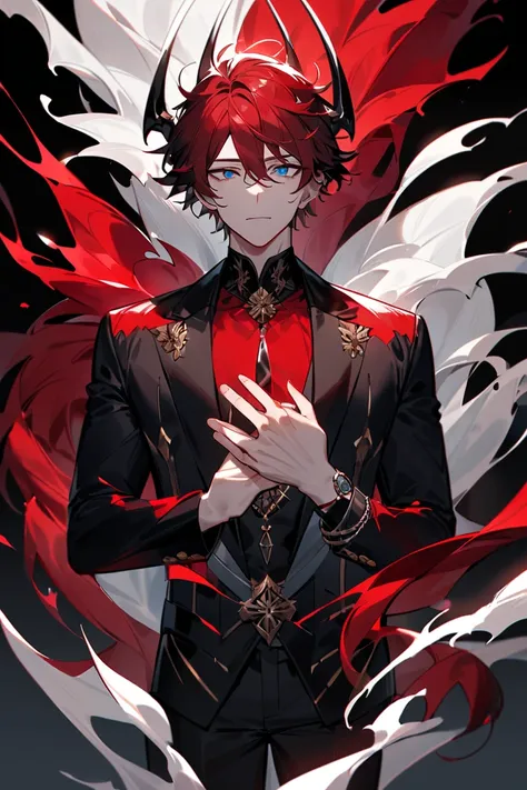 Anime male character oozes a mix of elegance and intensity. His two-toned hair, a striking blend of deep red and icy white, stands out in sharp contrast, styled in a way that suggests both chaos and control—perhaps wild at the edges, but calculated in its ...