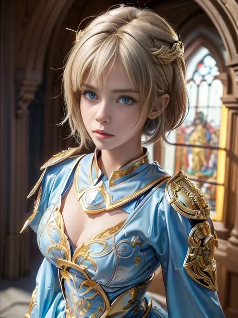 ((masterpiece)), ((best quality)), (ultra-detailed), ((extremely detailed)), 4K, (8K), best quality, (beautiful), realistic, real, upper body, look down from above, church, Saber, Fate, warrior, beautiful gold hair, beautiful light blue eyes, ((beautiful e...