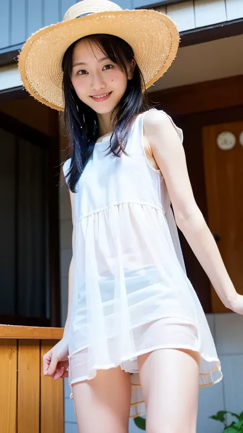  Incredibly beautiful Japanese women, Matsui Reina, junior high school, (  top quality , 8k,   Masterpiece :1.3),   Masterpiece,   top quality ,   skirt flip,    white panties  , A wet, see-through summer dress、 straw hats