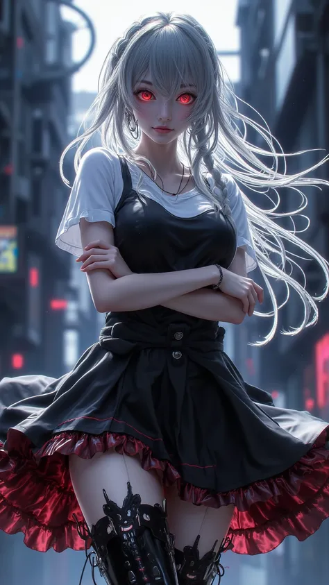 vampire,solo,lolita fashion,slim waist,long hair,single braid,Skin made of water,Silver hair,red_eyes,floating,arms crossed,serious,(((black sundress with round neck,white T-shirt bottom))),fine fabric emphasis,thigh boots,earrings,necklace,underboob,Iseka...