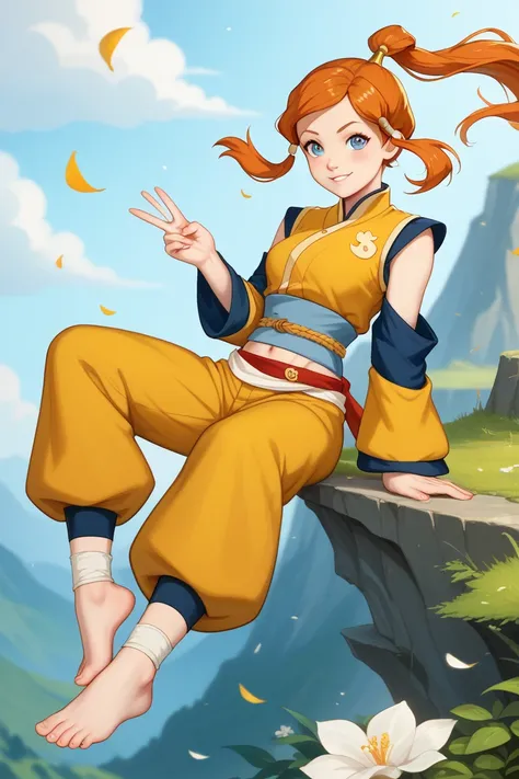 For a Avatar Aang-inspired outfit for Orihime, keeping her navel and bare feet exposed, here’s a light, airy, and elemental design that blends the peaceful yet powerful essence of Aang’s airbender aesthetic:

Top:

Cropped orange and yellow tunic with airy...