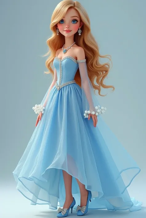 Real girl with pretty long slightly wavy hair, a princess light blue gown with see through sleeves with pearls on them and the dress, blue heels with bows on them and diamond jewellery long earrings and a necklace.