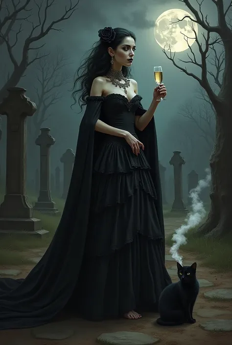 Realistic oil painting style of a feminine entity of a 34-year-old mature Spanish woman with long wavy black hair with a black rose on her ear and with her face half skeleton and half woman and black lipstick with a beautiful necklace and a long black blac...